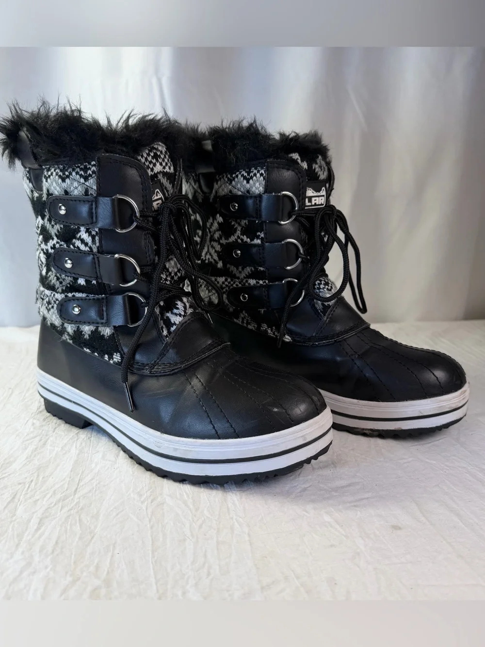 Polar Women’s sz8 Black & White Fair Aisle Sweater Faux-Fur Winter Snow Boots